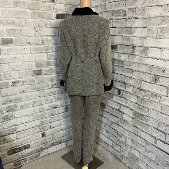 Vintage Pant Suit Tweed Herringbone Faux Fur Collar Blazer High Rise 2 Piece Set - Picture 7 of 16